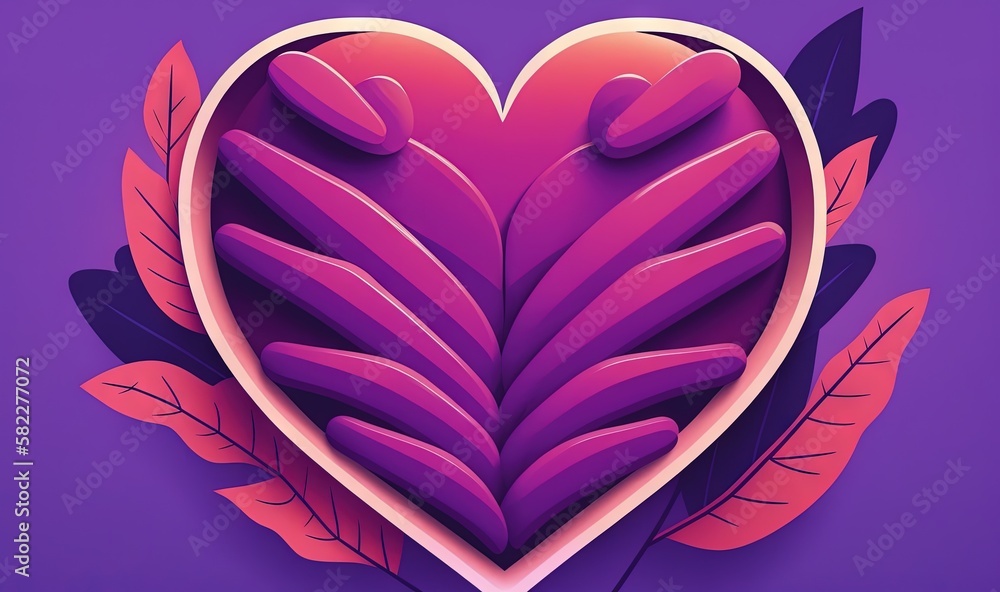  a heart shaped paper cutout with leaves on a purple background with a purple background and a purpl