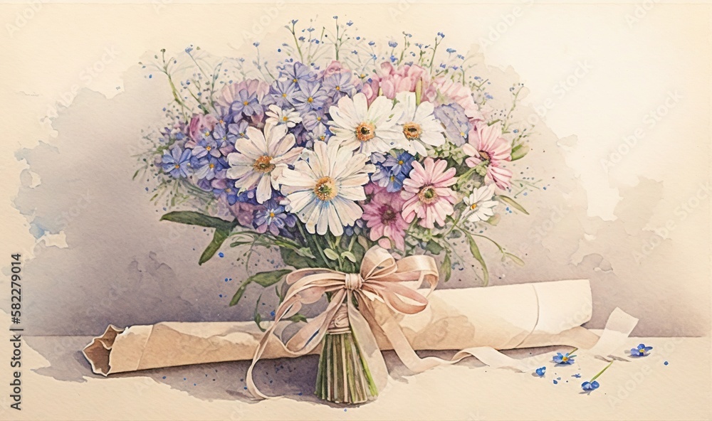  a painting of a bouquet of flowers on a table with a roll of paper and a bow on the edge of the pic