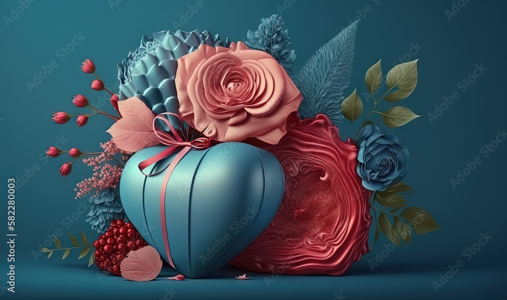  a heart shaped box with flowers and leaves on a blue background with a blue ribbon around the top o