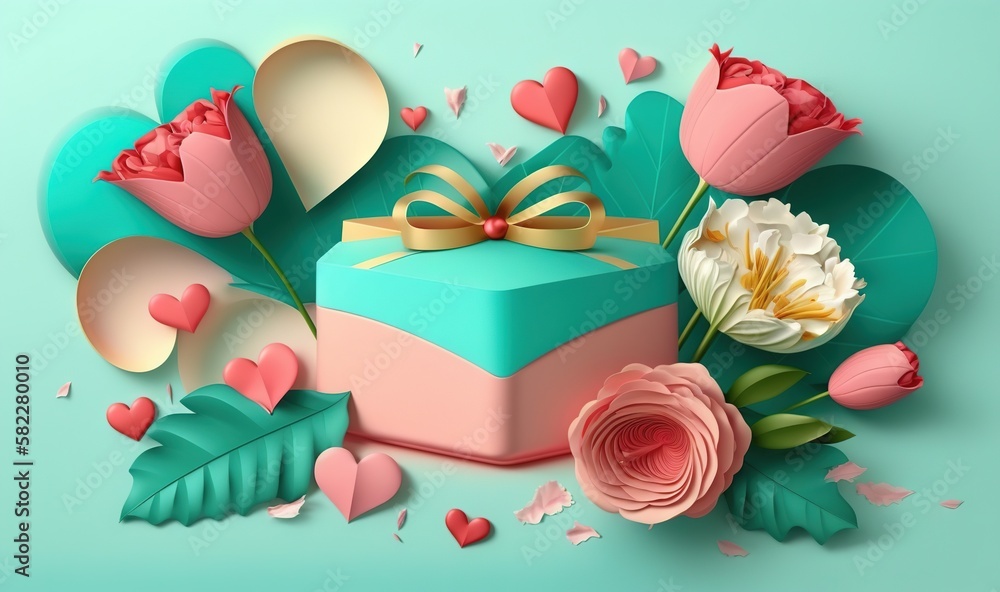  a blue box with a bow and flowers on a blue background with hearts and leaves around it and a bow o