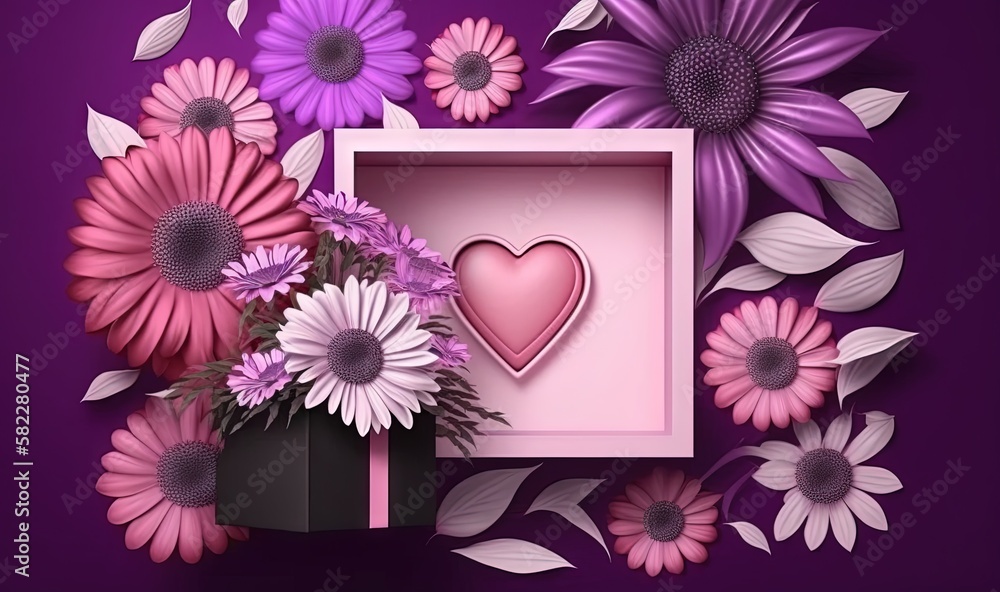  a vase filled with pink and purple flowers next to a heart shaped cut out of a paper frame on a pur