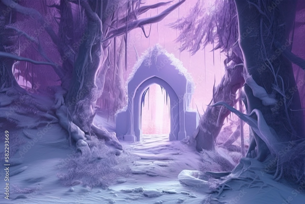 Portal arch in a grand snowy wood illuminated by purple light in the evening. Hidden entrance in a m