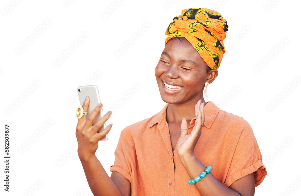 Black woman, phone and video call, wave and communication isolated on a transparent png background. 