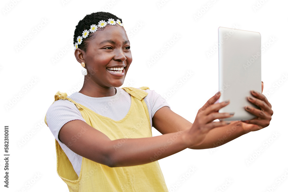 Black woman, selfie or tablet and smile, flower crown or hippie isolated on a transparent png backgr
