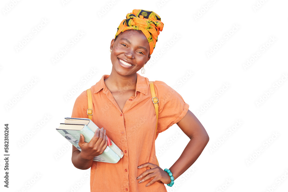 Student, books and portrait of black woman isolated on transparent png background ready for educatio