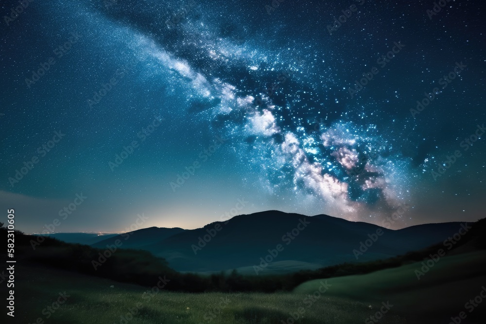Landscape with blue Milky Way. Night sky with stars and hills at summer. Beautiful universe. Amazing