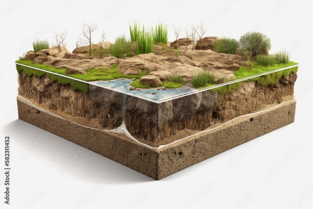 cutaway landscape surface with mud and field isolated, cubical cross section with subterranean earth