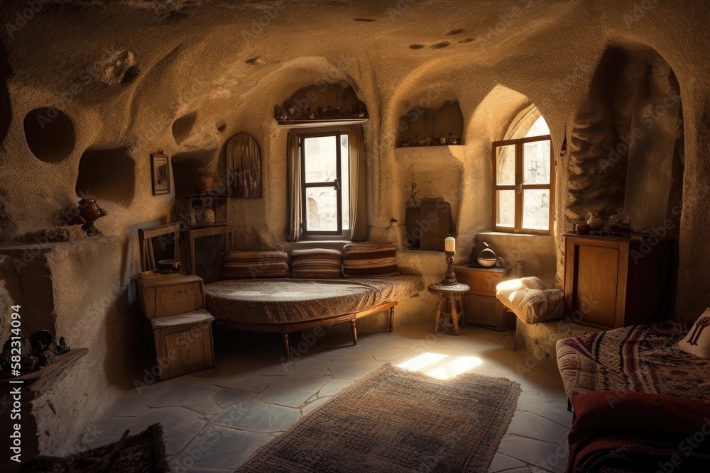 Interior of an ancient cave dwelling. ancient stone house. Turkeys Cappadocia. Generative AI