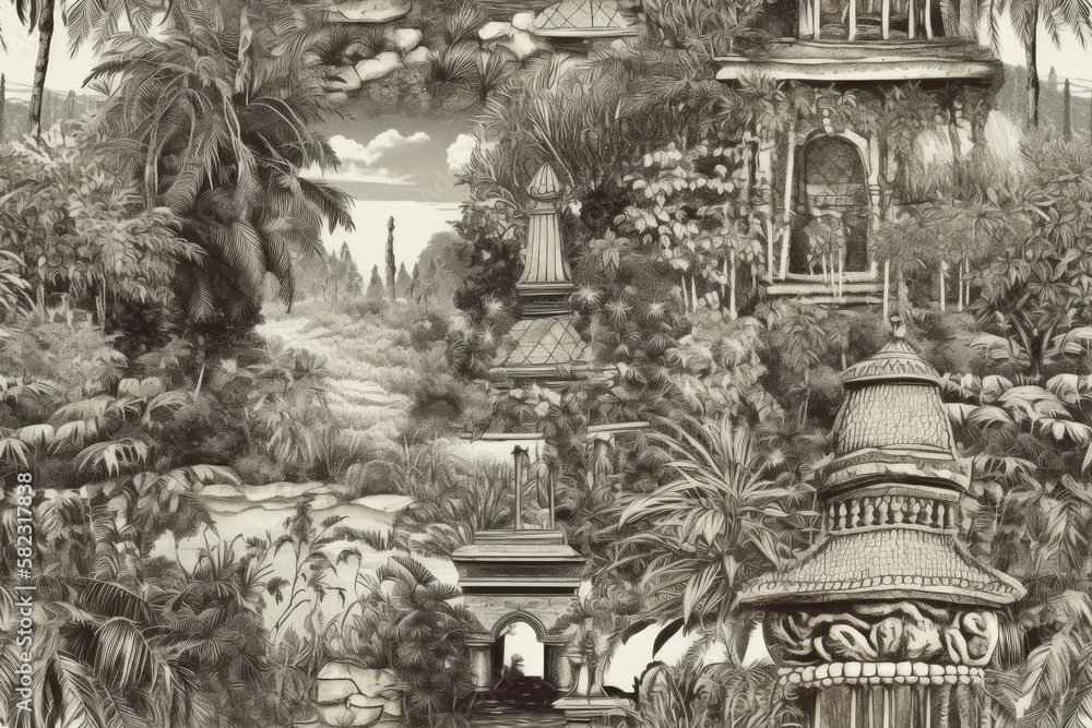An ink drawing of a tropical park with palm trees, a pagoda, a peacock, and an arch in a summer flow