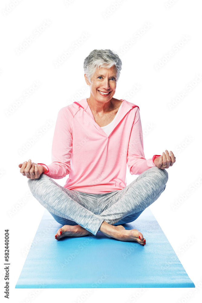 Yoga, fitness and portrait of a senior woman resting in lotus pose on a transparent, png background.