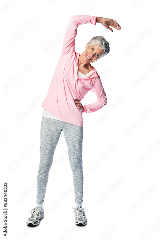 Arm, stretch and fit senior woman ready for body exercise and wellness workout on a transparent, png