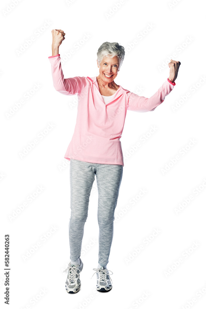 Fitness, portrait and excited senior woman cheering for workout success and achievement while isolat