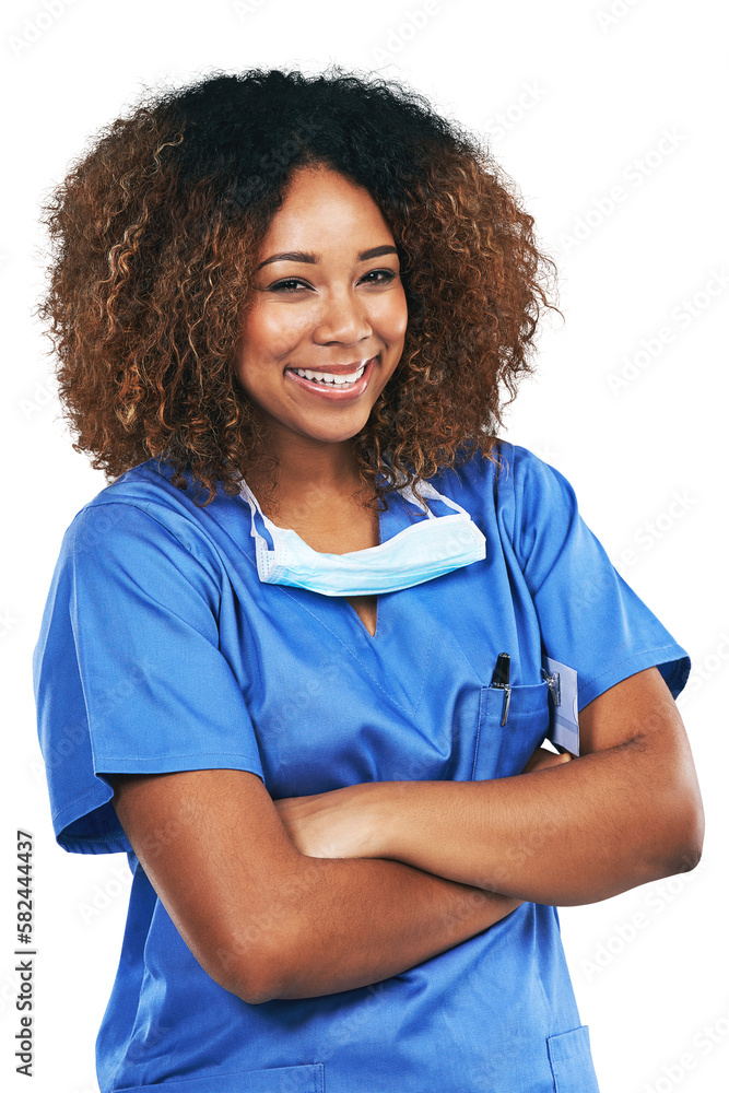 Nurse, black woman and confident portrait with smile, arms crossed and motivation for healthcare. Is