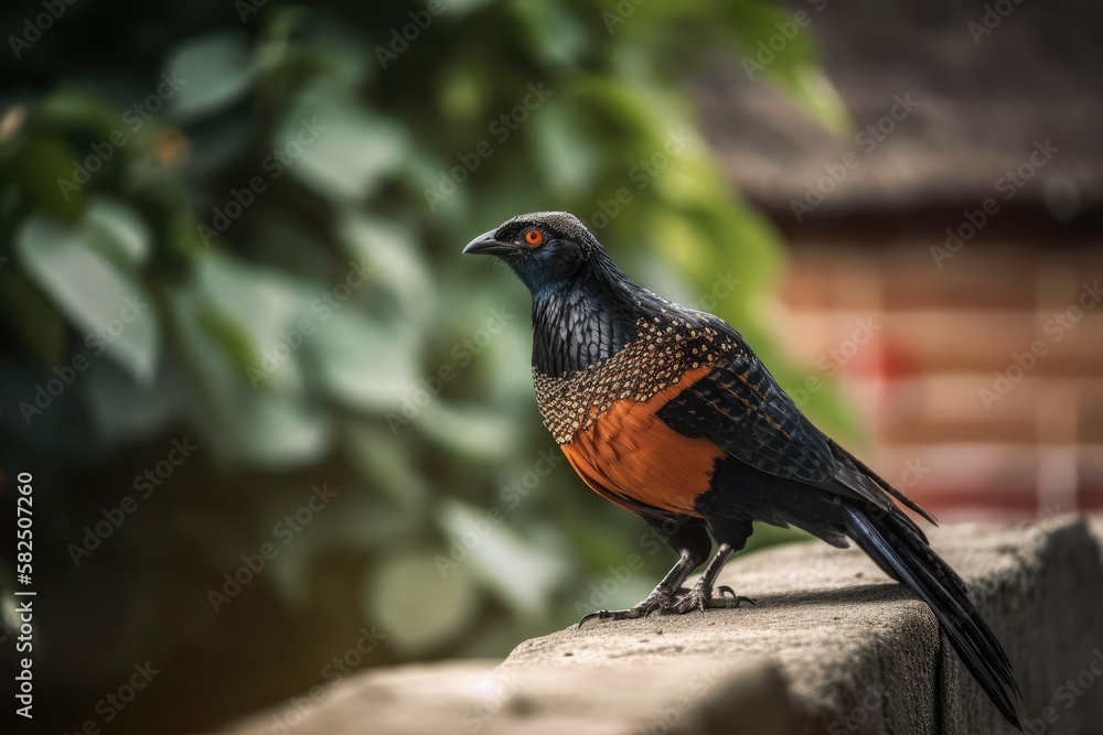 The city bird. In Thailand, a Greater Coucal or Crow Pheasant (Centropus senegalensis) is seen perch