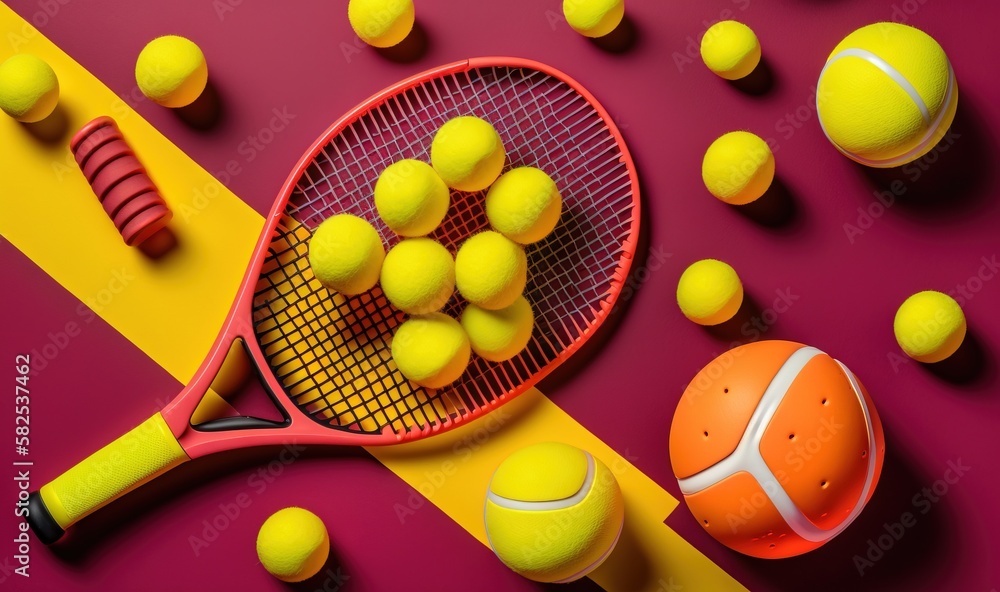  a tennis racket and balls on a pink and yellow surface with a yellow stripe and a pink and yellow b