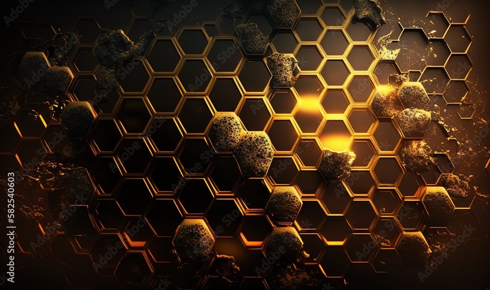  a honeycomb pattern with a yellow light in the middle of it and a black background with a yellow li