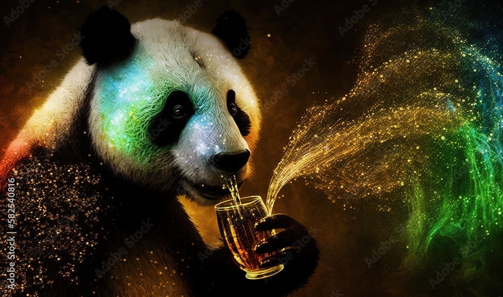 a panda bear holding a glass of wine in its hand and spraying it with its mouth with fireworks in 