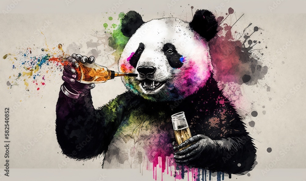  a painting of a panda bear holding a glass of beer and a bottle of beer in its hand with a splash o