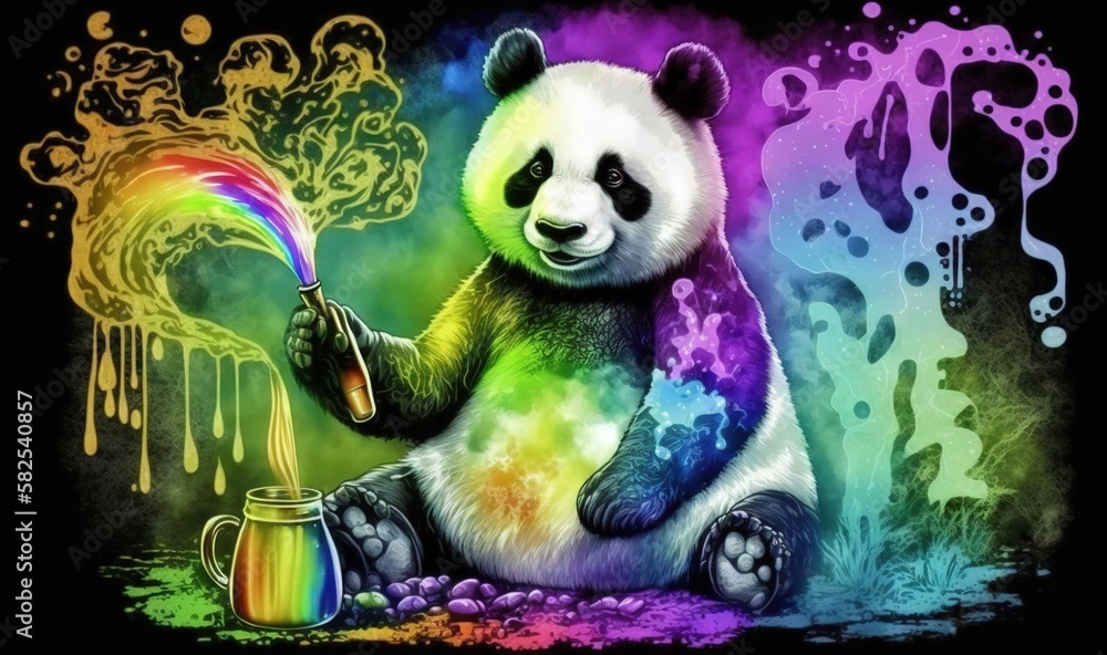  a painting of a panda bear holding a paintbrush and a pot of rainbow paint on a black background wi
