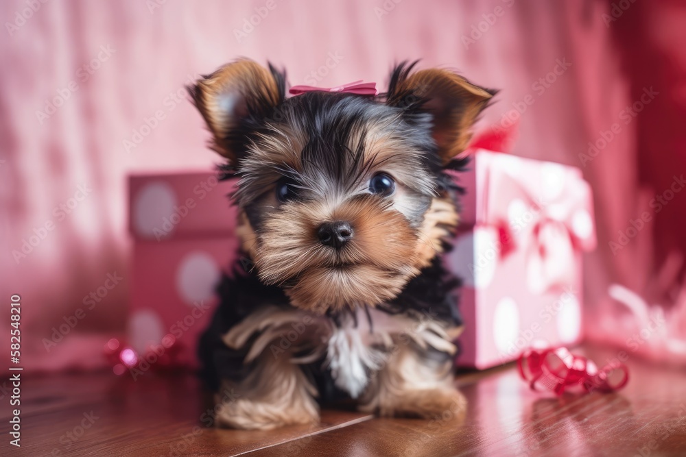 Little cute and funny Yorkshire Terrier puppy on a white wooden table with a pink background, decora