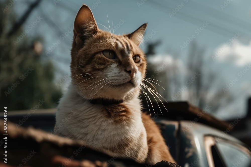 The cat sat on the cars top and gazed up at the sky. The car was parked on the side of the road, an
