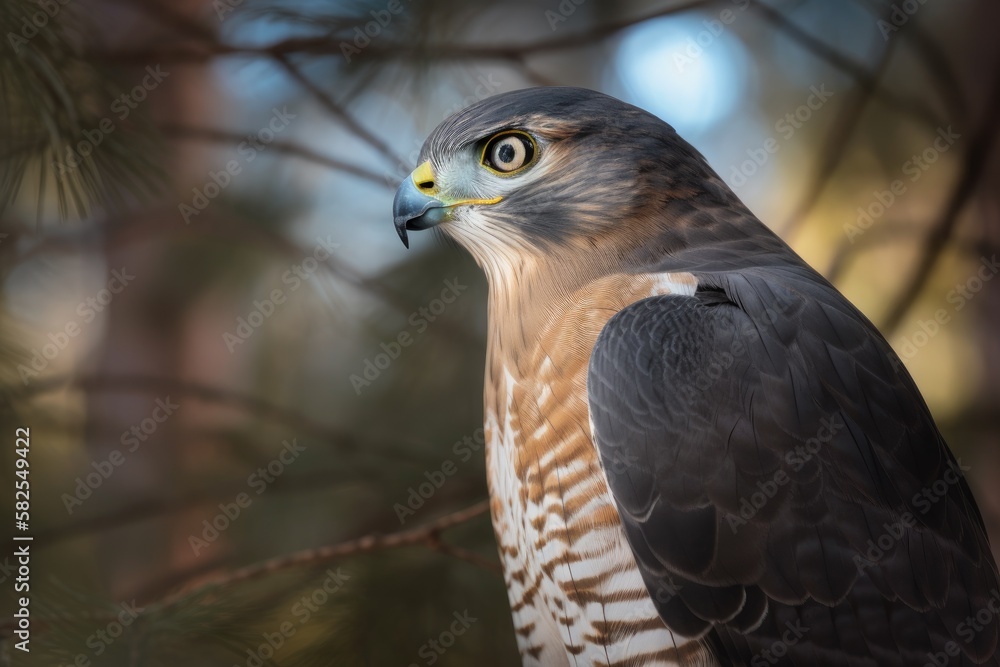 In Michigan, a Coopers hawk was perched on a tree waiting for prey. Generative AI