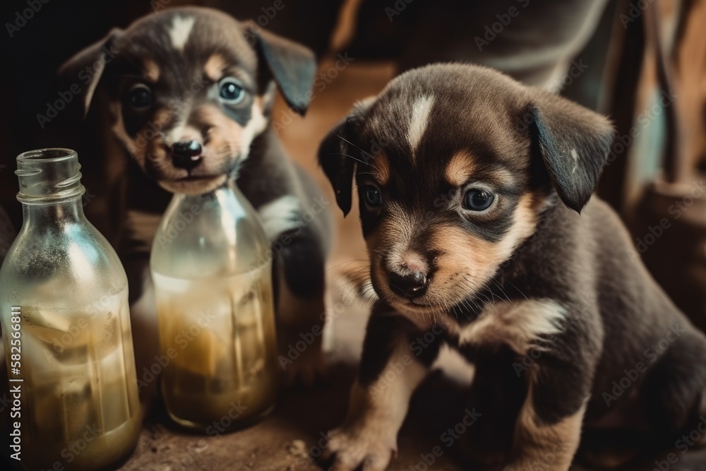 Adorable puppies are drinking milk from a bottle. Generative AI