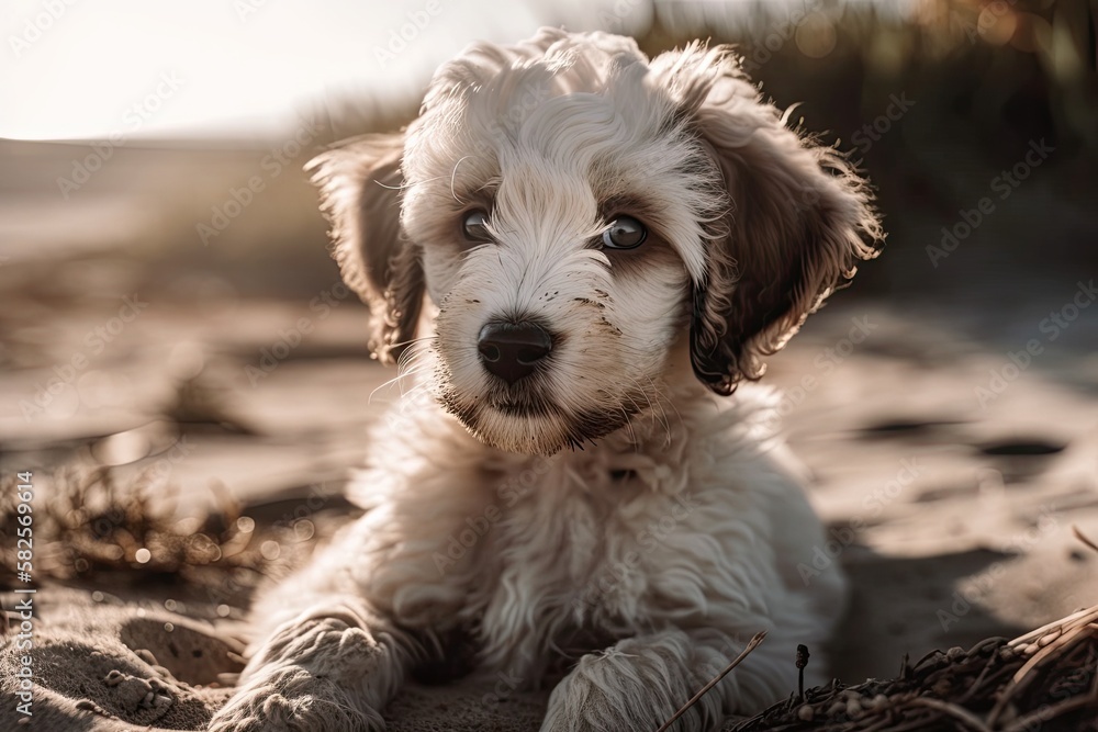 adorable puppy relaxing on the beach. Generative AI