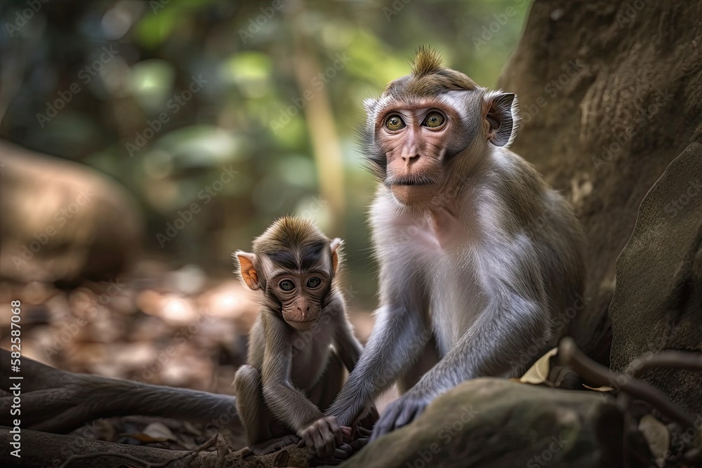 Mother monkey guarding and adoring her little offspring in the jungle. Generative AI