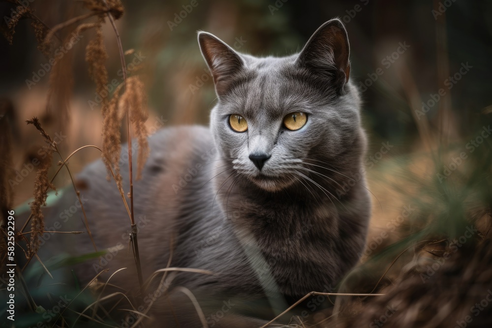 A gray cat sits in the grass. Generative AI