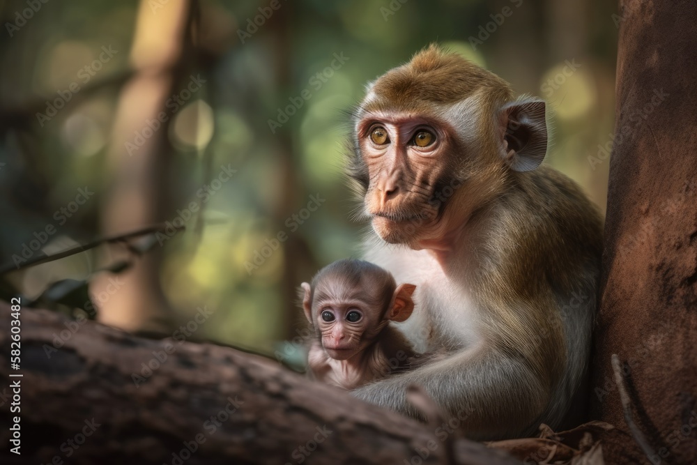 Thailands mother monkey tends to her young. Generative AI