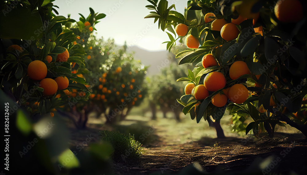 Juicy oranges grow on trees. orange farm. Generative AI