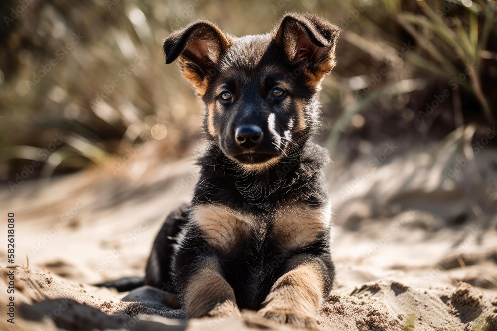A German Shepherd puppy that is eleven weeks old playing on a sandy beach. sifting through sand. Gen