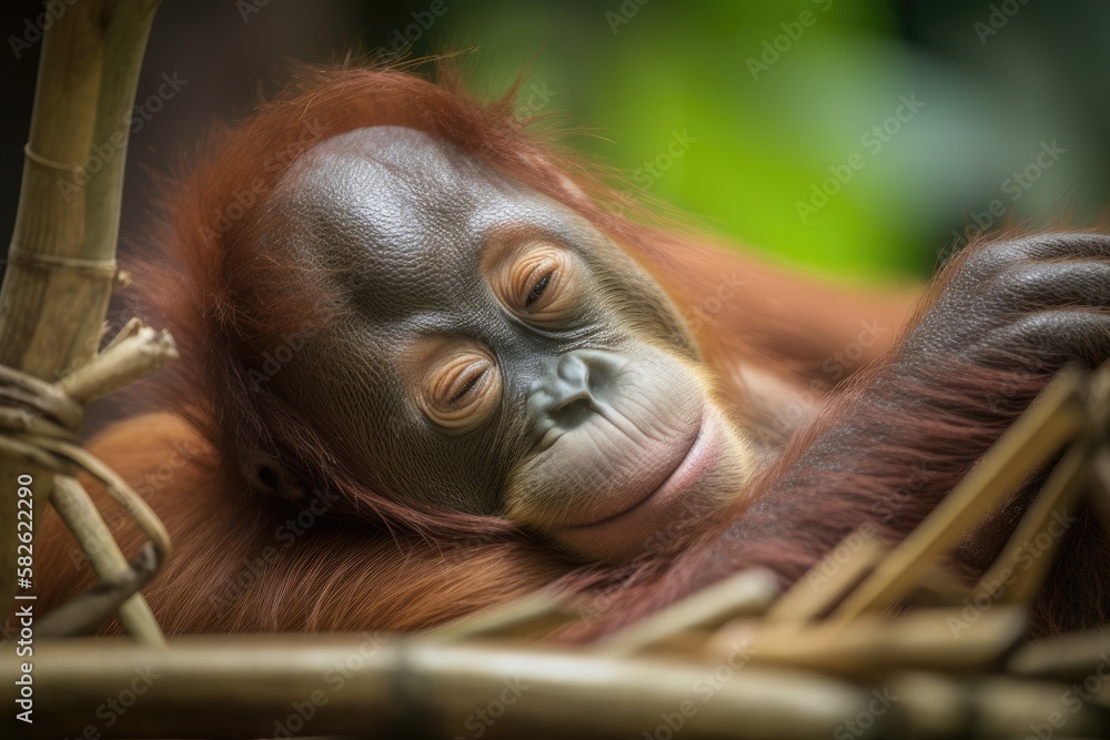 On its mother, a little orangutan is dozing. Generative AI
