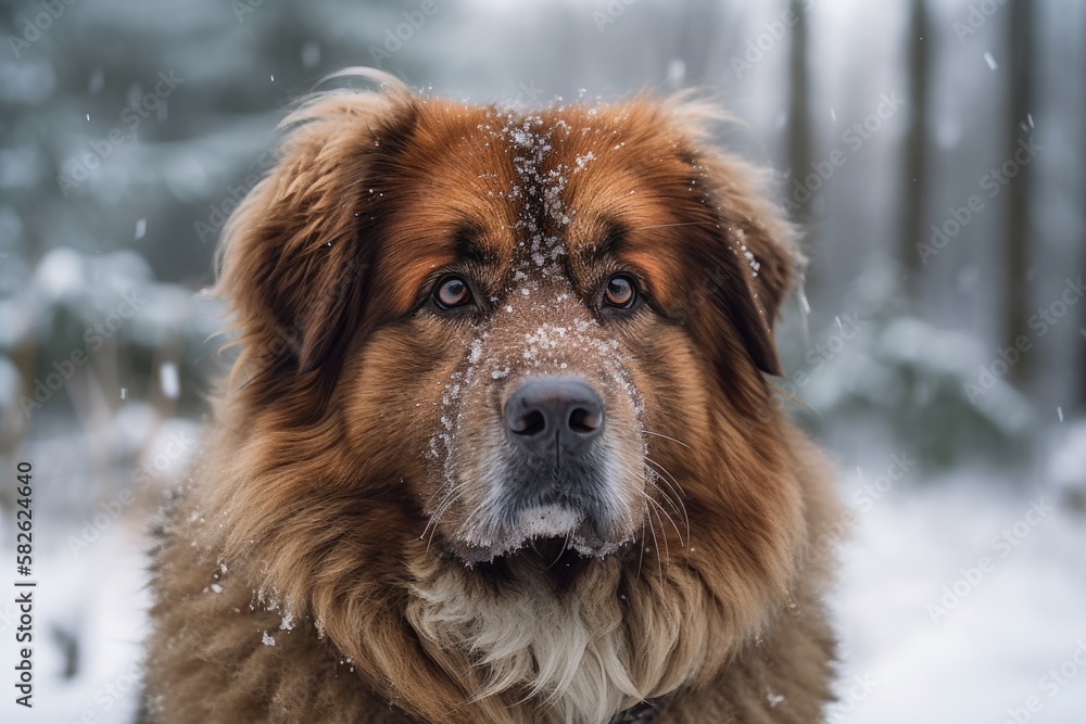 a large, fluffy, brown dog with a snout covered in snow. Generative AI