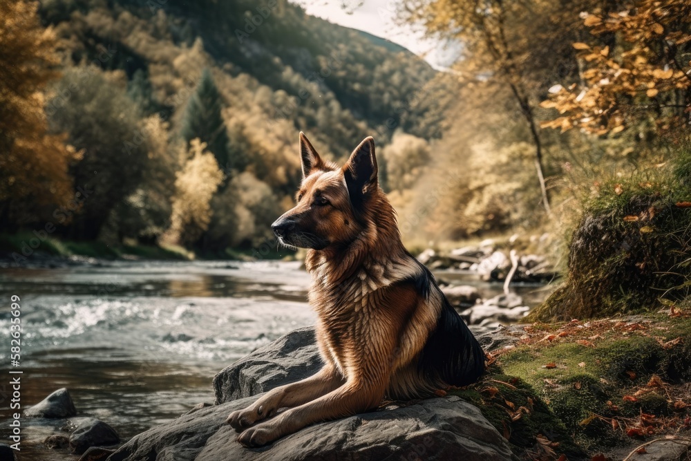 Canine along a mountain river. Generative AI