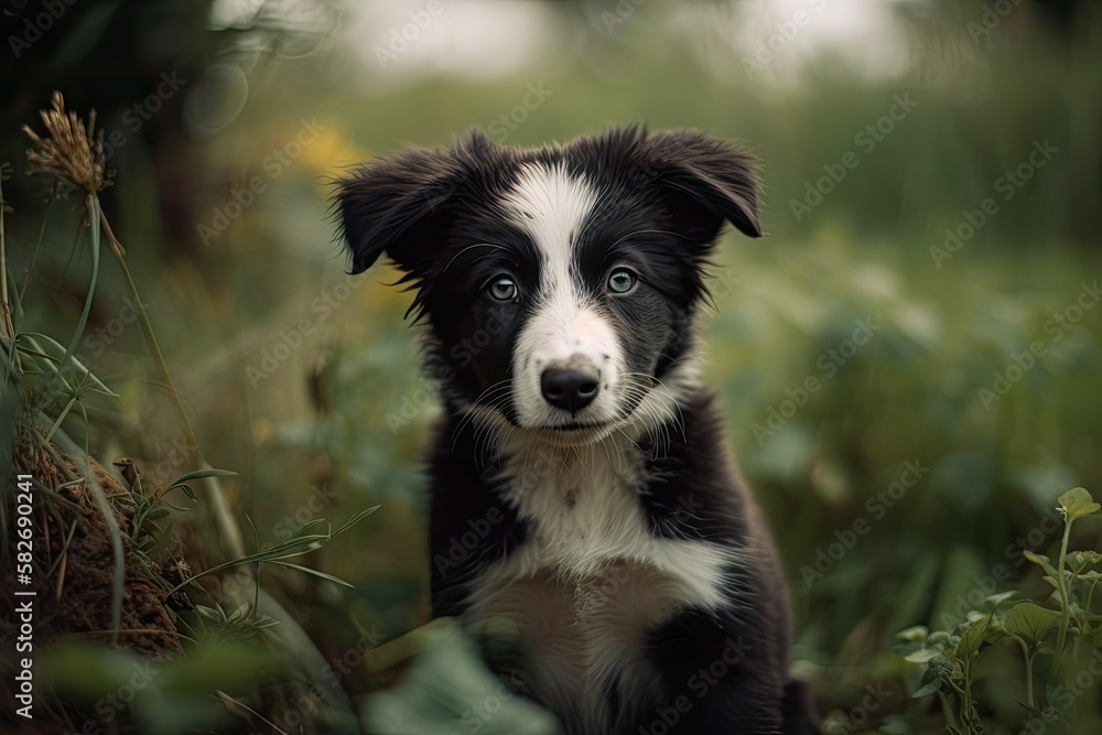 A border collie puppy sits on the grass on a farm, looking about. Generative AI