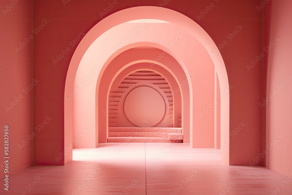 architecture concept arch inside pink wall paper layers, abstract minimalist geometric background, l