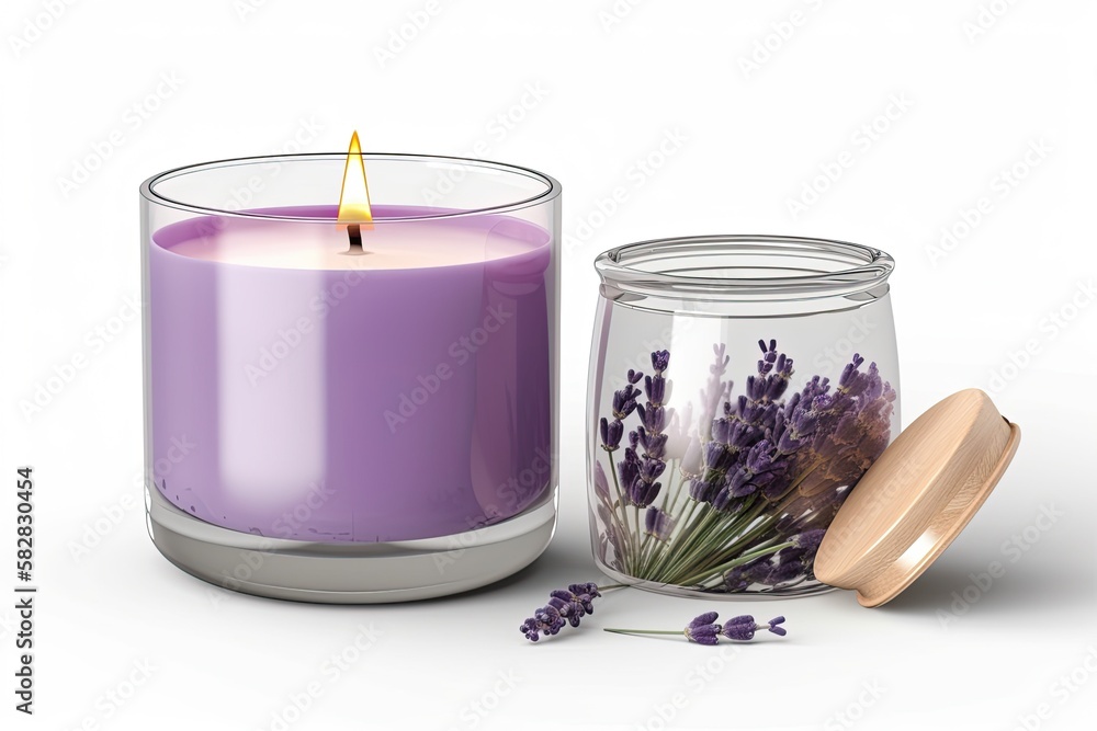 Lavender scented purple candle design ready template with a glass container. Generative AI