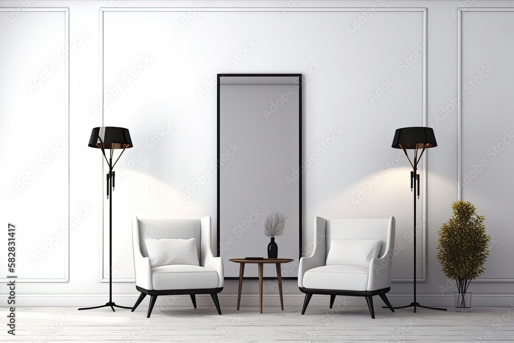 Interior Scene and Mockup, Modern interior with armchairs against a white wall. Generative AI