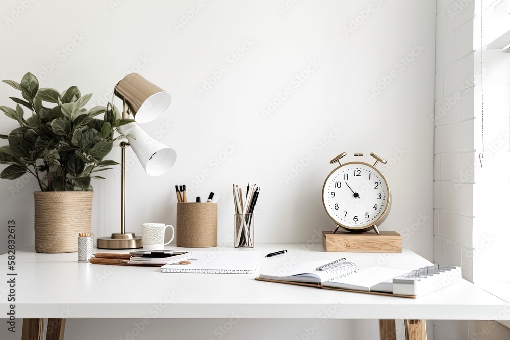 Office desk on white table with pencils, coffee, and clock over white wall. in front. Mockup. Genera