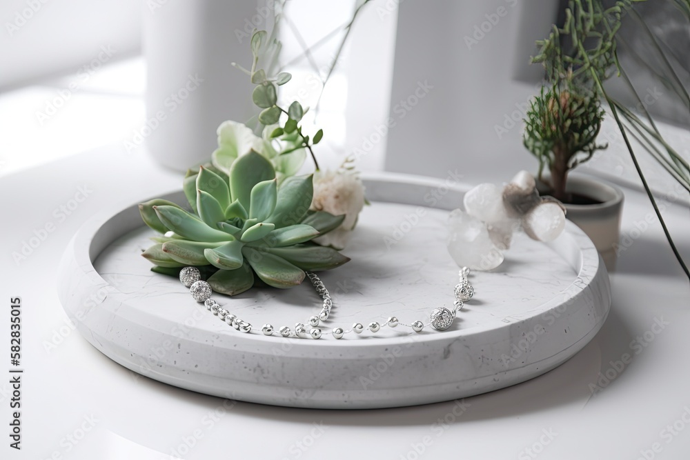 Contemporary curved concrete tray with a lovely necklace in a white background. Generative AI