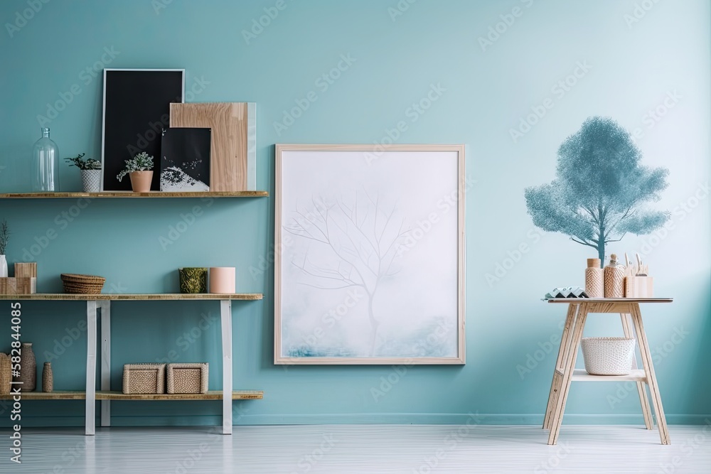 Blue shop shelf, blank board, and gallery frame hanging on the wall. abstract pastel background with