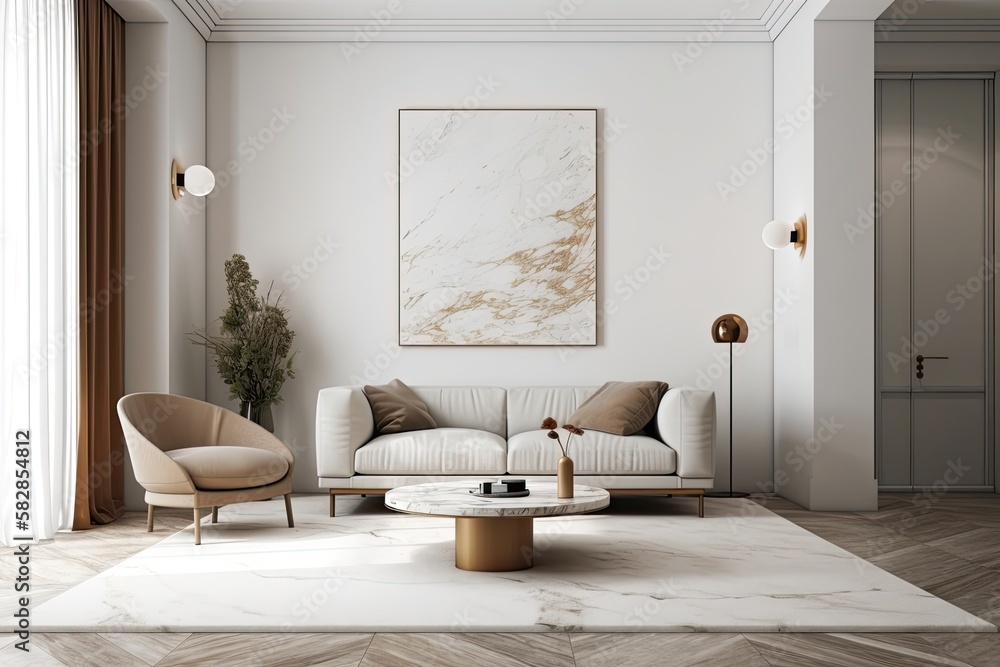 White sofa and armchair in a contemporary living room with a brown marble floor, brown and white wal