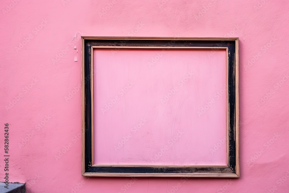 Outside on the pink wall, an old, brown wooden frame. Generative AI