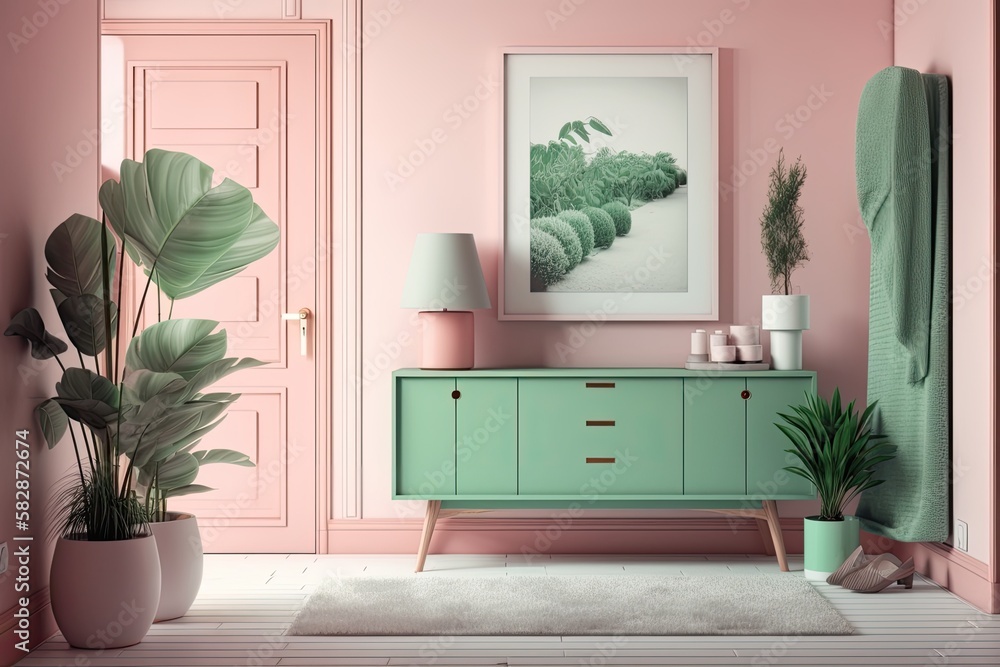 Interior scene in pink and green with picture frame, accessories, and entryway cabinet. Scene in a f