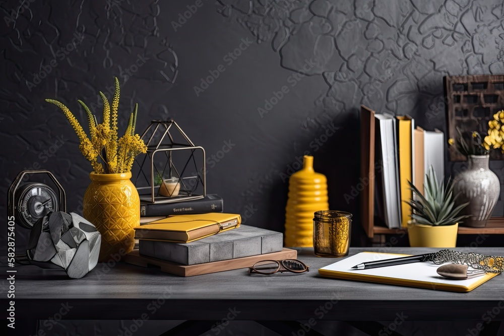 Desk with copy space, books, and office supplies for a fashionable home office. gray and yellow mock