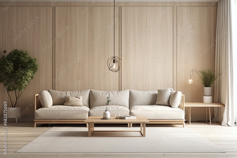 Interior scene and mockup, living room, big sofa, light wood grain and white color. Generative AI