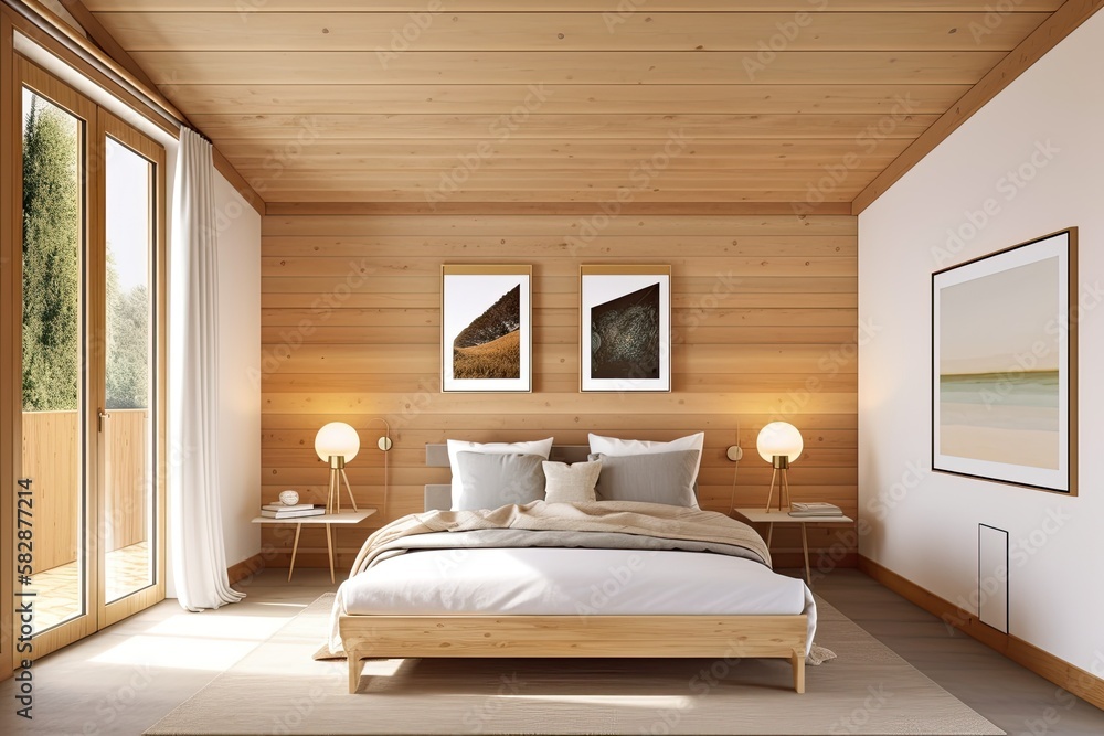 a room with wooden walls and a wooden ceiling, with a double bed at the front. Two wide windows and 
