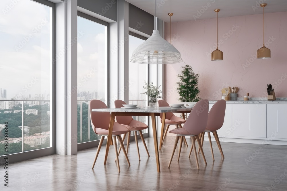 Interior of a dining room with a table and four pink chairs on a parquet floor and a plant in a pot 